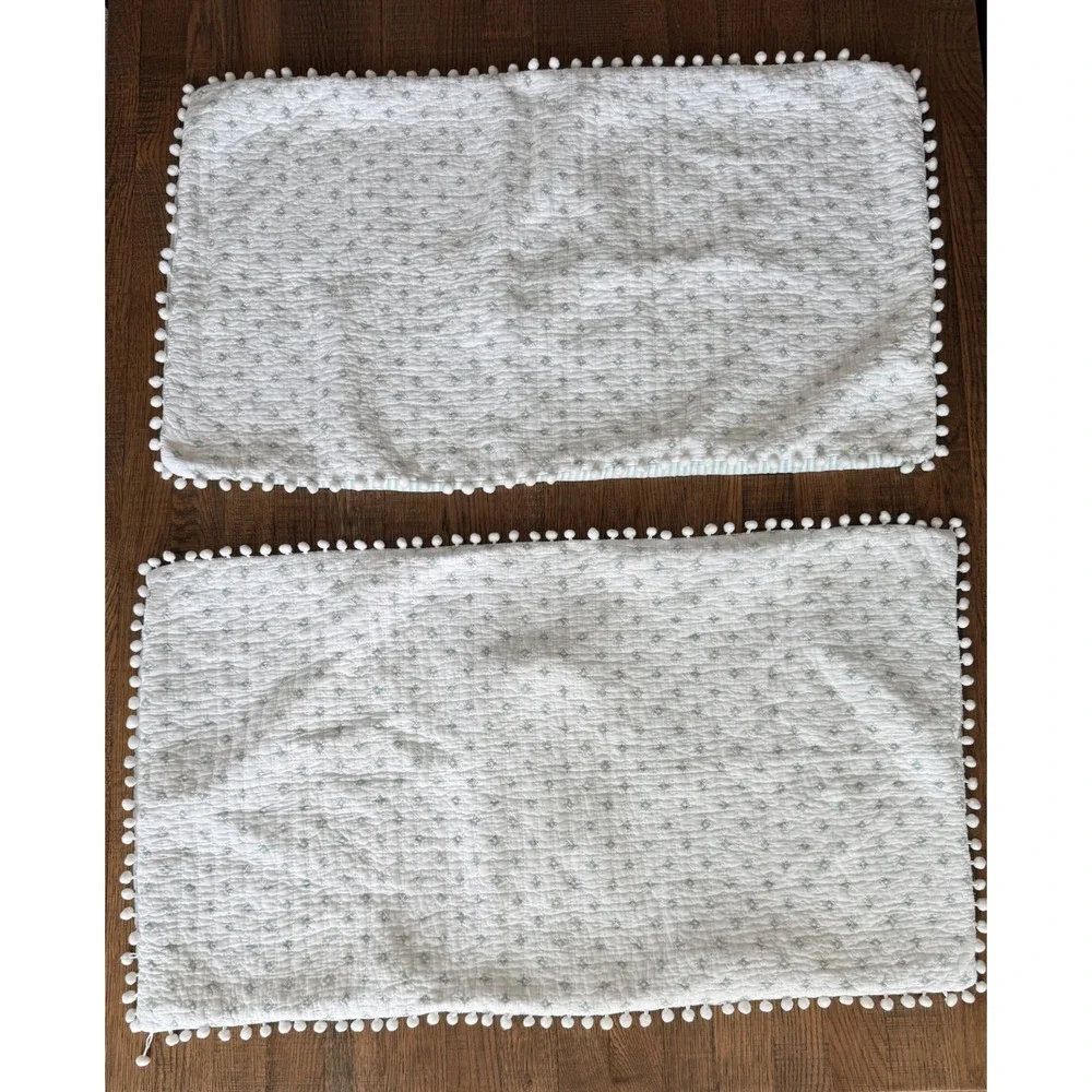 Boho Quilted King Bedding Set White Sage Green Pom Pom Trim Quilt 2 Shams
